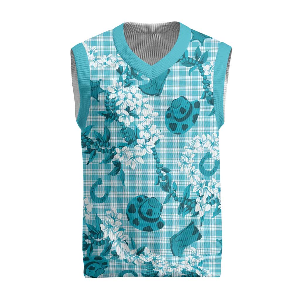Mokihana Maile Ilima Leis Paniolo Palaka Christmas Knitted V-Neck Vest Hawaiian Polu Opa Spirit LT9 Turquoise - Polynesian Pride
