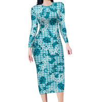 Mokihana Maile Ilima Leis Paniolo Palaka Long Sleeve Bodycon Dress Hawaiian Polu Opa Spirit LT9 Long Dress Turquoise - Polynesian Pride