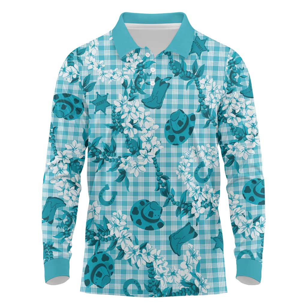 Mokihana Maile Ilima Leis Paniolo Palaka Long Sleeve Polo Shirt Hawaiian Polu Opa Spirit LT9 Turquoise - Polynesian Pride