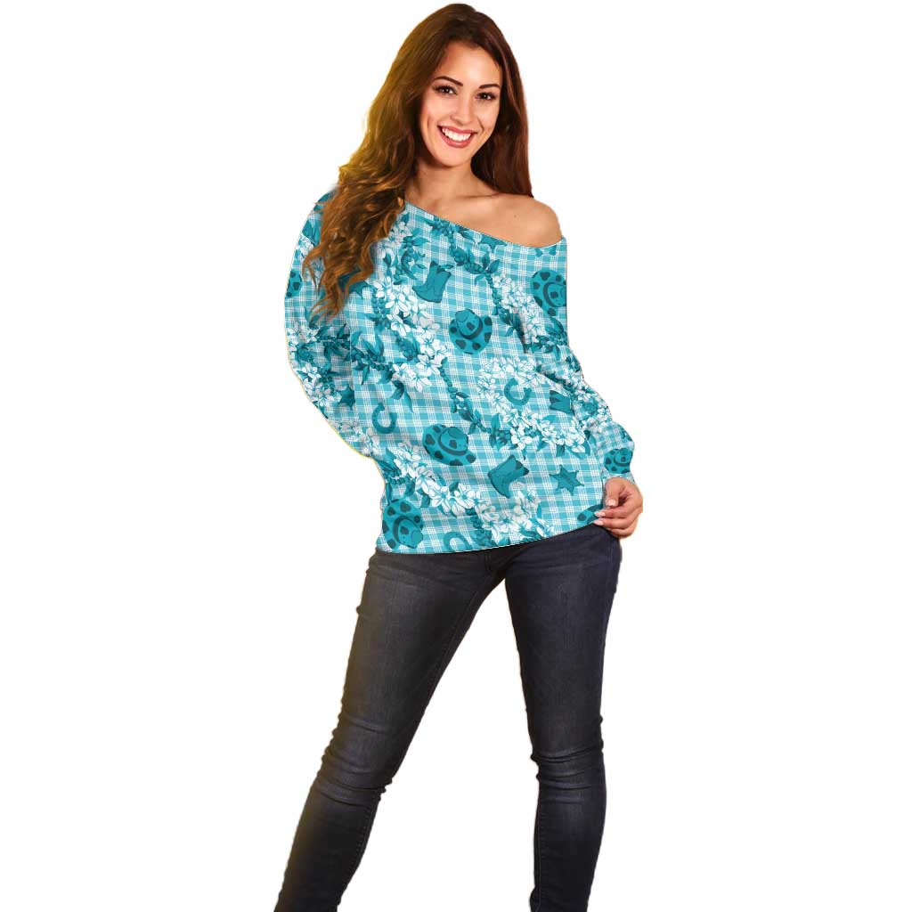 Mokihana Maile Ilima Leis Paniolo Palaka Off Shoulder Sweater Hawaiian Polu Opa Spirit - Polynesian Pride