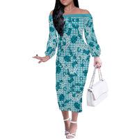 Mokihana Maile Ilima Leis Paniolo Palaka Off The Shoulder Long Sleeve Dress Hawaiian Polu Opa Spirit LT9 Women Turquoise - Polynesian Pride