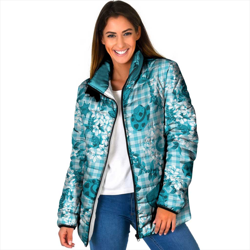 Mokihana Maile Ilima Leis Paniolo Palaka Padded Jacket Hawaiian Polu Opa Spirit LT9 Women Turquoise - Polynesian Pride
