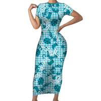Mokihana Maile Ilima Leis Paniolo Palaka Short Sleeve Bodycon Dress Hawaiian Polu Opa Spirit LT9 Long Dress Turquoise - Polynesian Pride