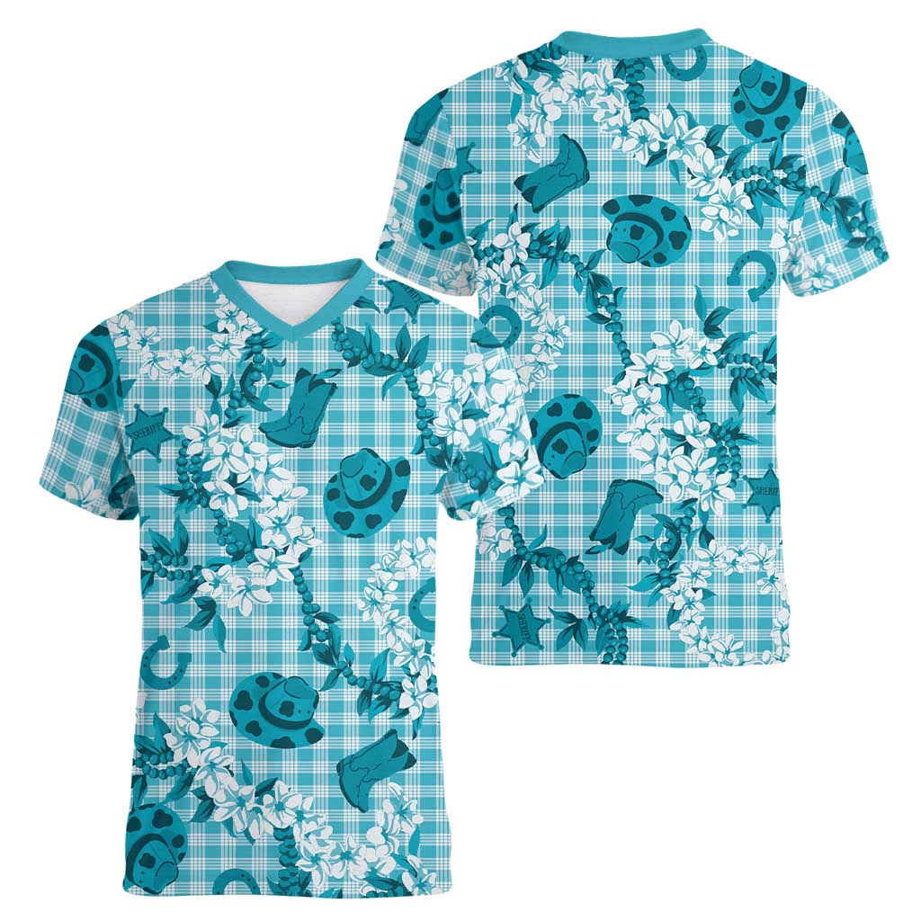 Mokihana Maile Ilima Leis Paniolo Palaka Women V-Neck T-Shirt Hawaiian Polu Opa Spirit LT9 - Polynesian Pride