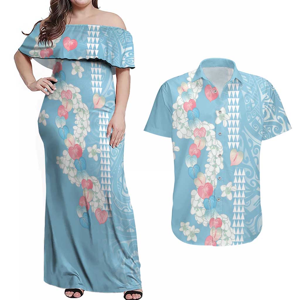 Blue Hawaii Anthurium Plumeria Lei Couples Matching Off Shoulder Maxi Dress and Hawaiian Shirt