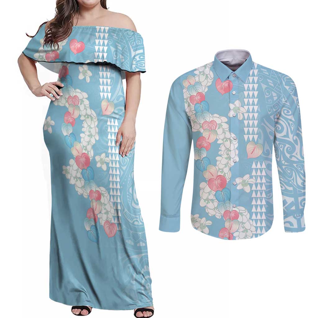 Blue Hawaii Anthurium Plumeria Lei Couples Matching Off Shoulder Maxi Dress and Long Sleeve Button Shirt