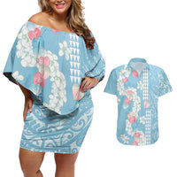Blue Hawaii Anthurium Plumeria Lei Couples Matching Off Shoulder Short Dress and Hawaiian Shirt