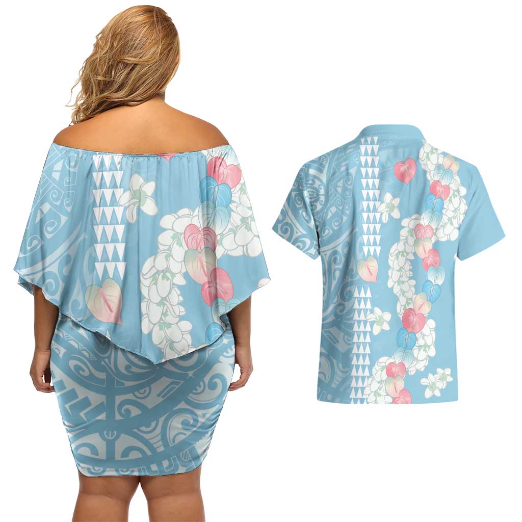 Blue Hawaii Anthurium Plumeria Lei Couples Matching Off Shoulder Short Dress and Hawaiian Shirt