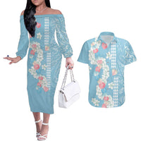 Blue Hawaii Anthurium Plumeria Lei Couples Matching Off The Shoulder Long Sleeve Dress and Hawaiian Shirt