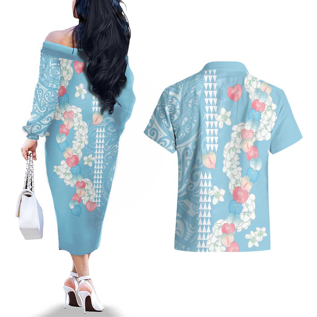 Blue Hawaii Anthurium Plumeria Lei Couples Matching Off The Shoulder Long Sleeve Dress and Hawaiian Shirt