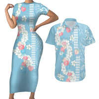 Blue Hawaii Anthurium Plumeria Lei Couples Matching Short Sleeve Bodycon Dress and Hawaiian Shirt
