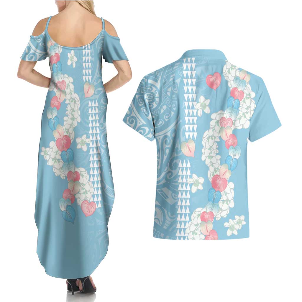 Blue Hawaii Anthurium Plumeria Lei Couples Matching Summer Maxi Dress and Hawaiian Shirt