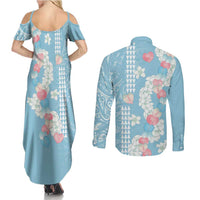 Blue Hawaii Anthurium Plumeria Lei Couples Matching Summer Maxi Dress and Long Sleeve Button Shirt
