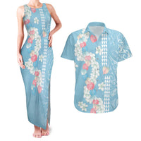 Blue Hawaii Anthurium Plumeria Lei Couples Matching Tank Maxi Dress and Hawaiian Shirt
