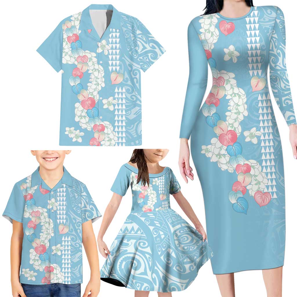 Blue Hawaii Anthurium Plumeria Lei Family Matching Long Sleeve Bodycon Dress and Hawaiian Shirt LT9 - Polynesian Pride