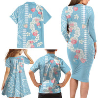 Blue Hawaii Anthurium Plumeria Lei Family Matching Long Sleeve Bodycon Dress and Hawaiian Shirt LT9 - Polynesian Pride
