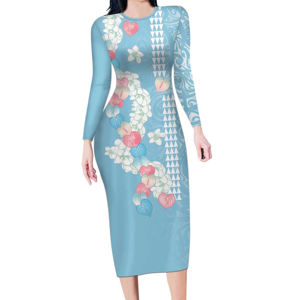 Blue Hawaii Anthurium Plumeria Lei Family Matching Long Sleeve Bodycon Dress and Hawaiian Shirt LT9 Mom's Dress Blue - Polynesian Pride