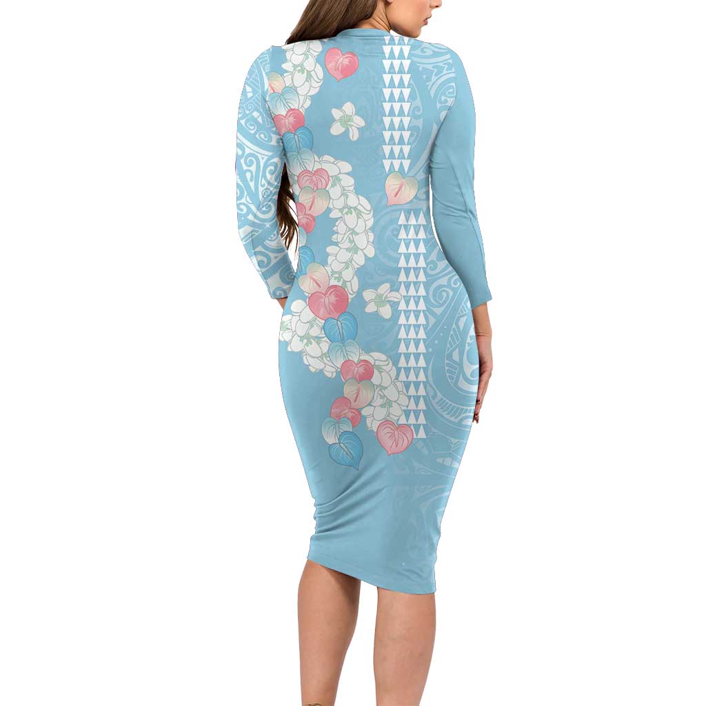 Blue Hawaii Anthurium Plumeria Lei Family Matching Long Sleeve Bodycon Dress and Hawaiian Shirt LT9 - Polynesian Pride