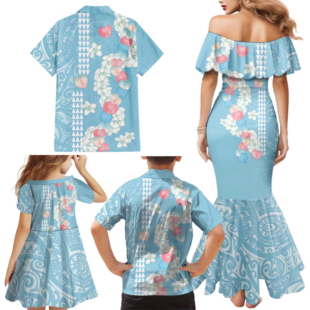 Blue Hawaii Anthurium Plumeria Lei Family Matching Mermaid Dress and Hawaiian Shirt LT9 - Polynesian Pride