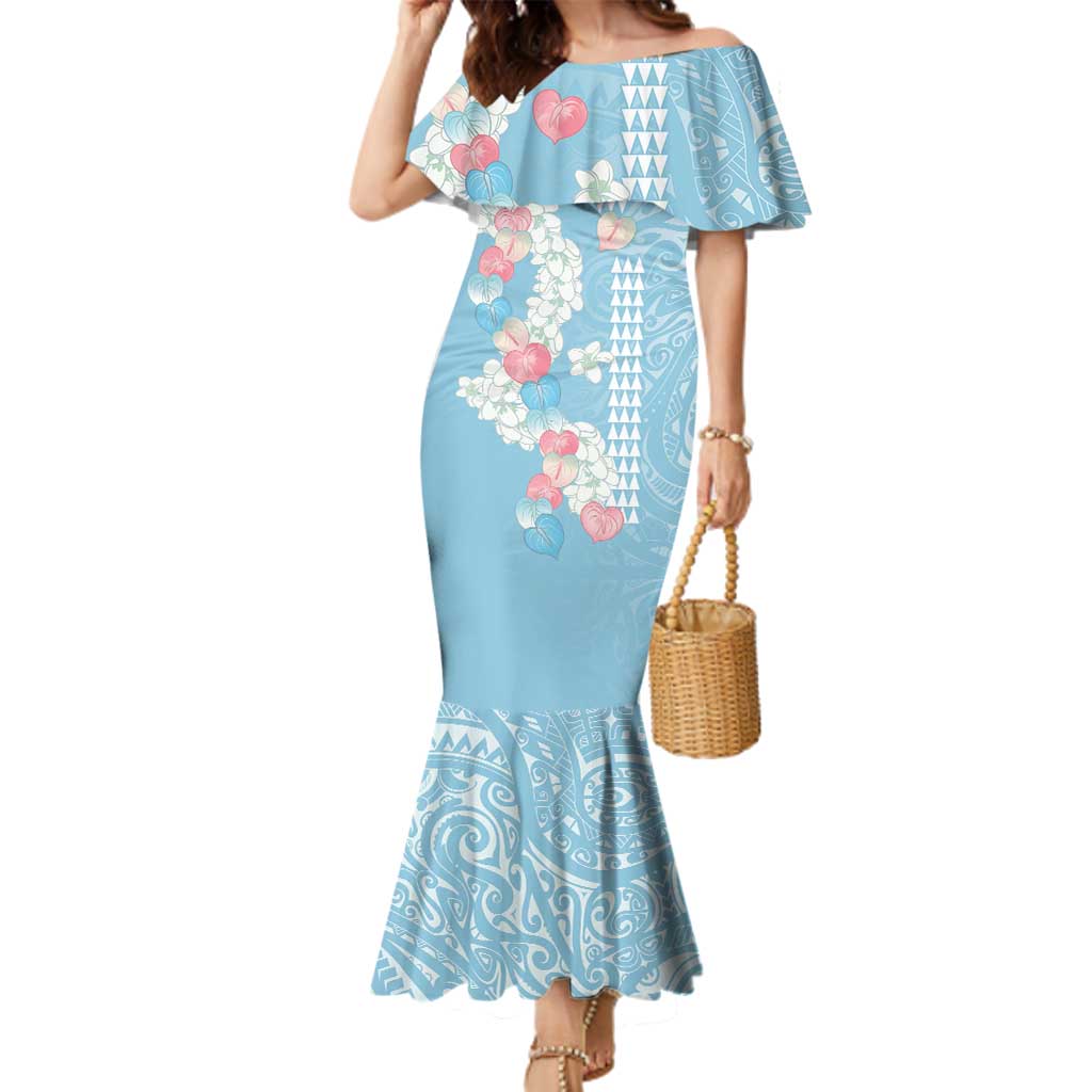 Blue Hawaii Anthurium Plumeria Lei Family Matching Mermaid Dress and Hawaiian Shirt LT9 Mom's Dress Blue - Polynesian Pride