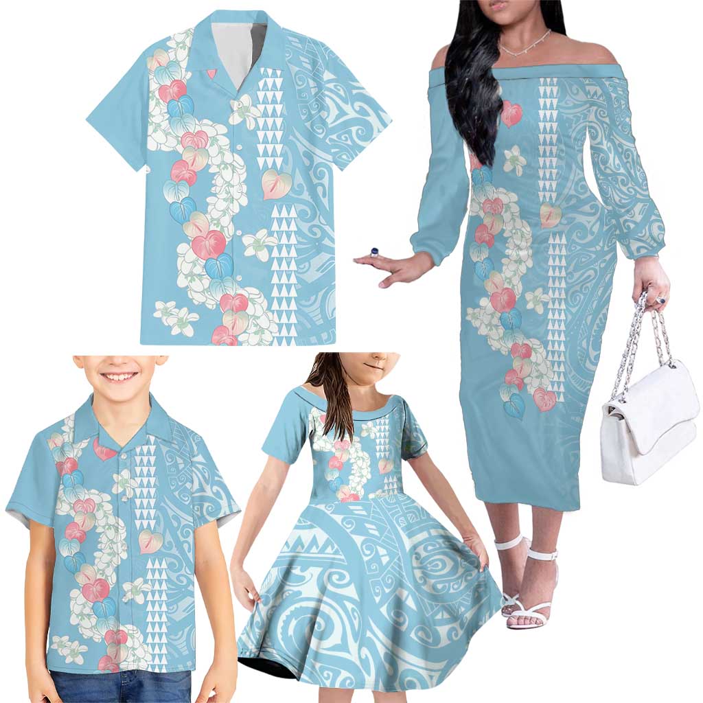 Blue Hawaii Anthurium Plumeria Lei Family Matching Off The Shoulder Long Sleeve Dress and Hawaiian Shirt LT9 - Polynesian Pride