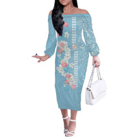 Blue Hawaii Anthurium Plumeria Lei Family Matching Off The Shoulder Long Sleeve Dress and Hawaiian Shirt LT9 Mom's Dress Blue - Polynesian Pride