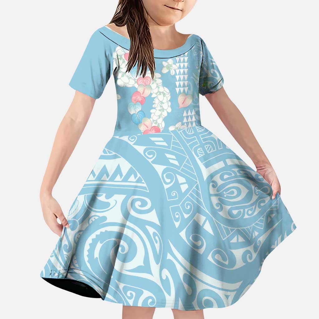 Blue Hawaii Anthurium Plumeria Lei Family Matching Short Sleeve Bodycon Dress and Hawaiian Shirt LT9 Daughter's Dress Blue - Polynesian Pride