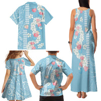 Blue Hawaii Anthurium Plumeria Lei Family Matching Tank Maxi Dress and Hawaiian Shirt