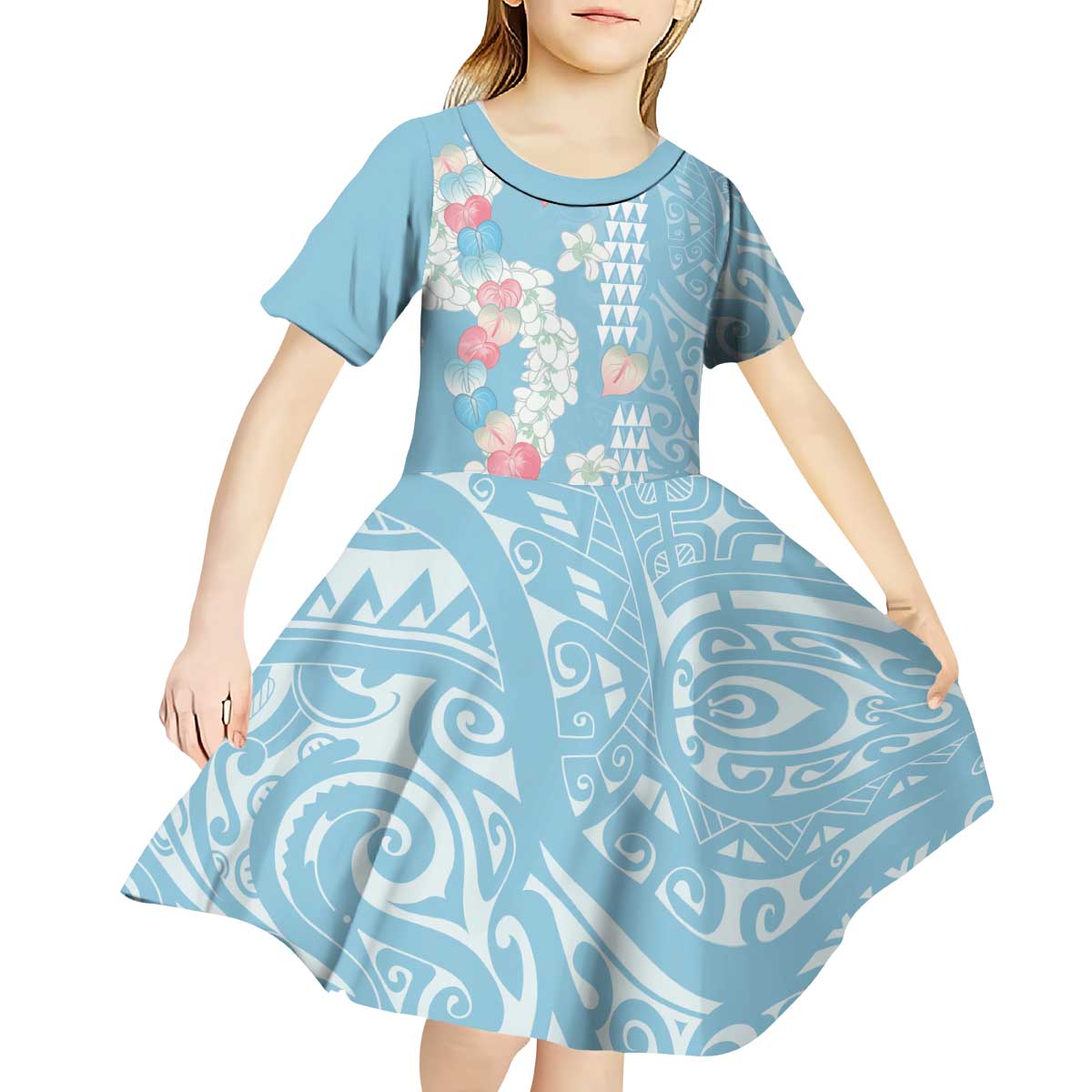 Blue Hawaii Anthurium Plumeria Lei Kid Short Sleeve Dress