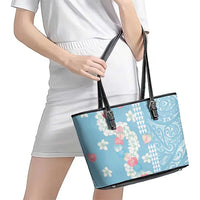 Blue Hawaii Anthurium Plumeria Lei Leather Tote Bag