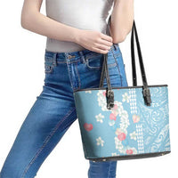 Blue Hawaii Anthurium Plumeria Lei Leather Tote Bag