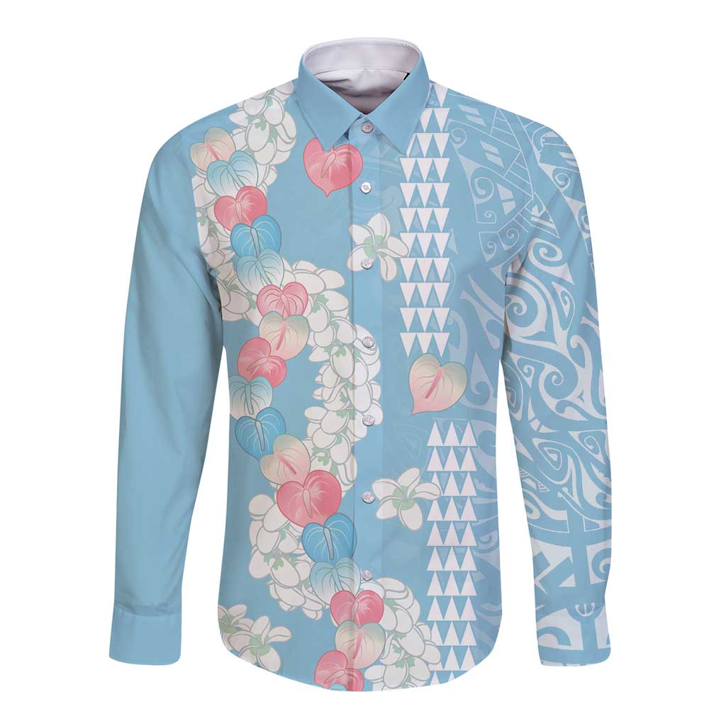 Blue Hawaii Anthurium Plumeria Lei Long Sleeve Button Shirt