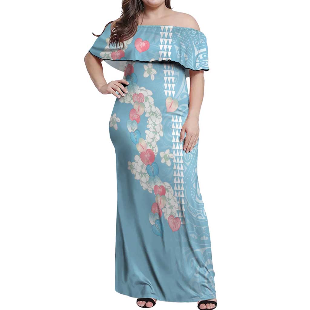 Blue Hawaii Anthurium Plumeria Lei Off Shoulder Maxi Dress