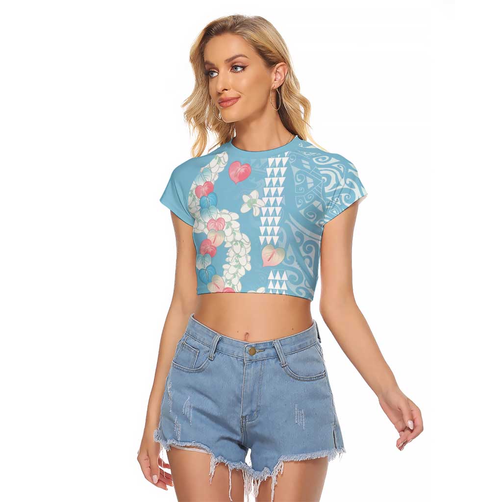 Blue Hawaii Anthurium Plumeria Lei Raglan Cropped T Shirt