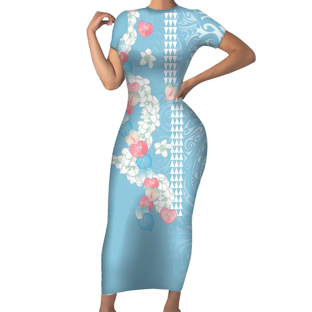 Blue Hawaii Anthurium Plumeria Lei Short Sleeve Bodycon Dress