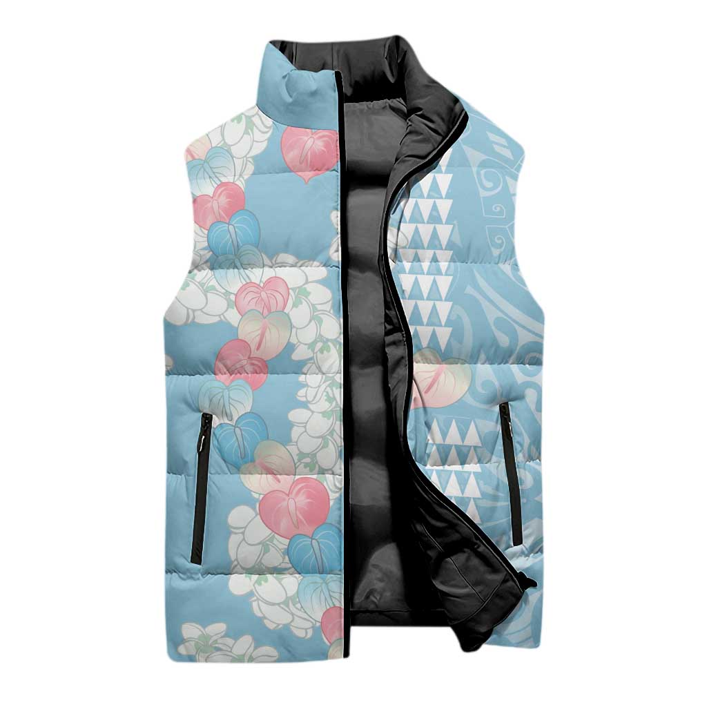 Blue Hawaii Anthurium Plumeria Lei Sleeveless Puffer Jacket