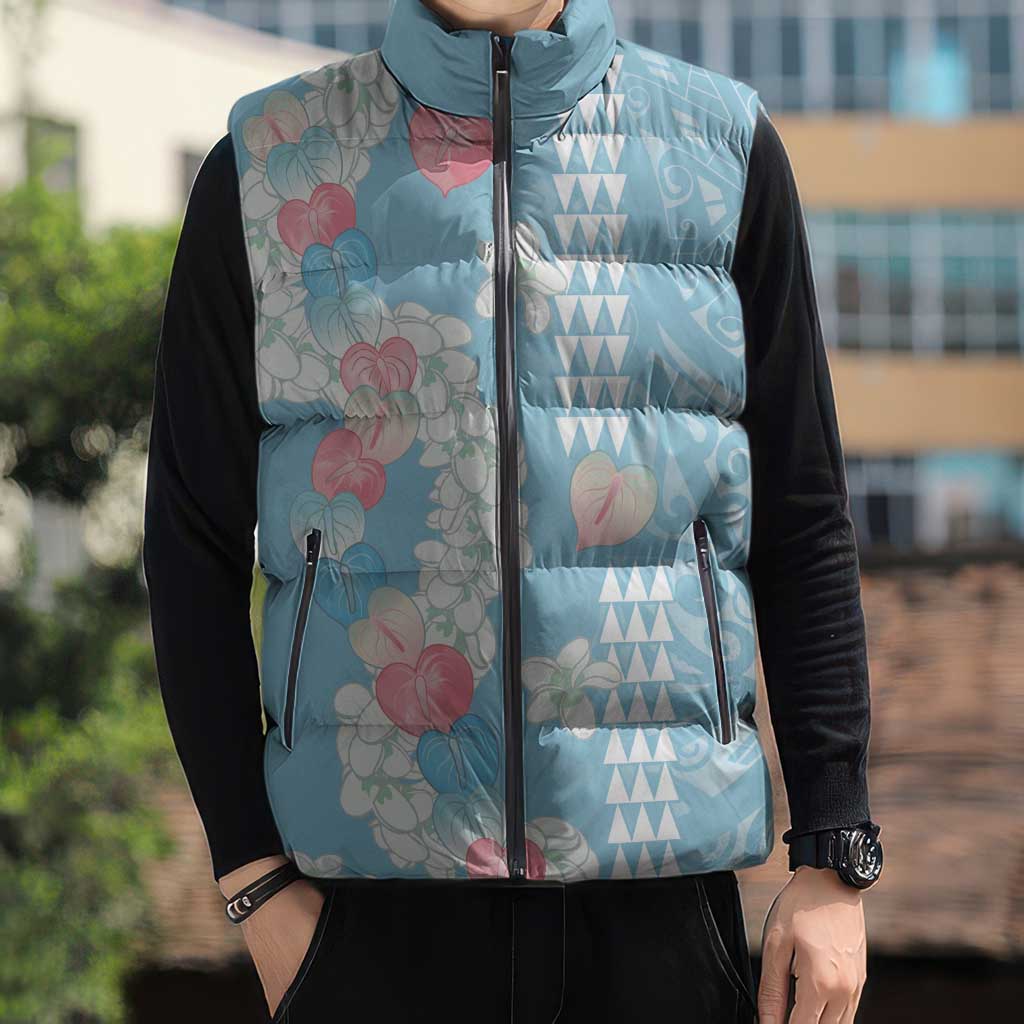 Blue Hawaii Anthurium Plumeria Lei Sleeveless Puffer Jacket