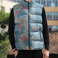 Blue Hawaii Anthurium Plumeria Lei Sleeveless Puffer Jacket