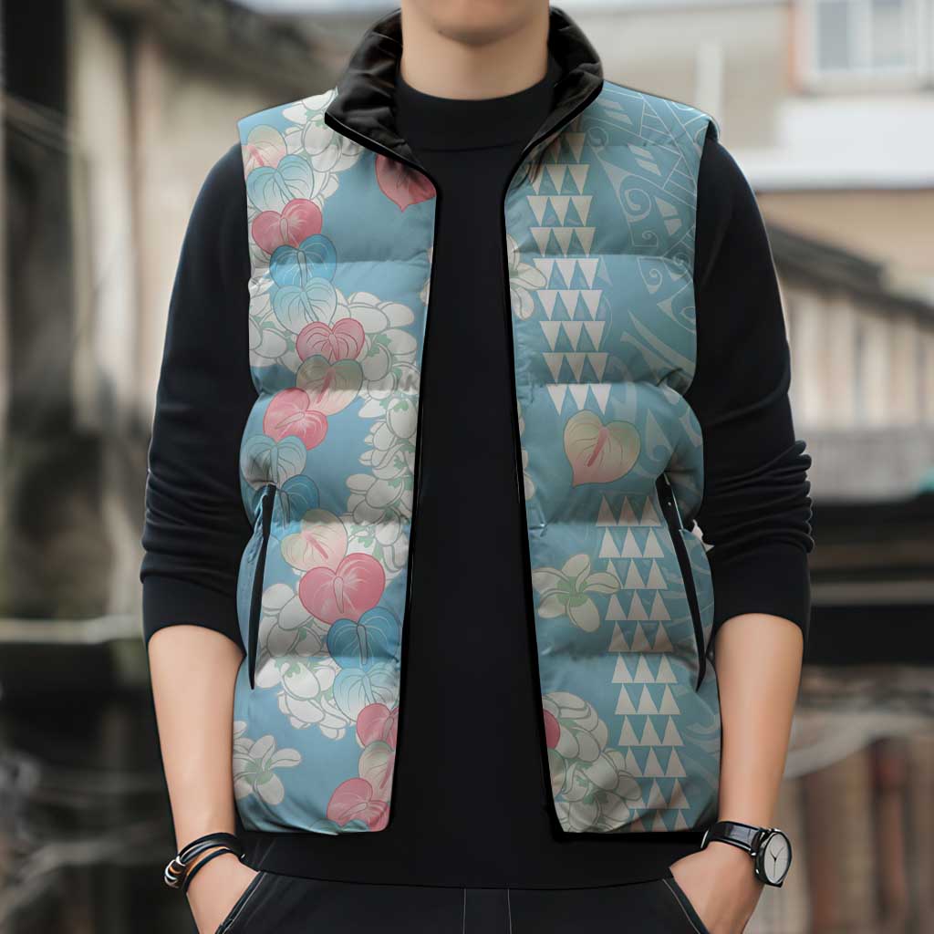 Blue Hawaii Anthurium Plumeria Lei Sleeveless Puffer Jacket