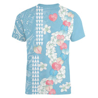 Blue Hawaii Anthurium Plumeria Lei Women V-Neck T-Shirt