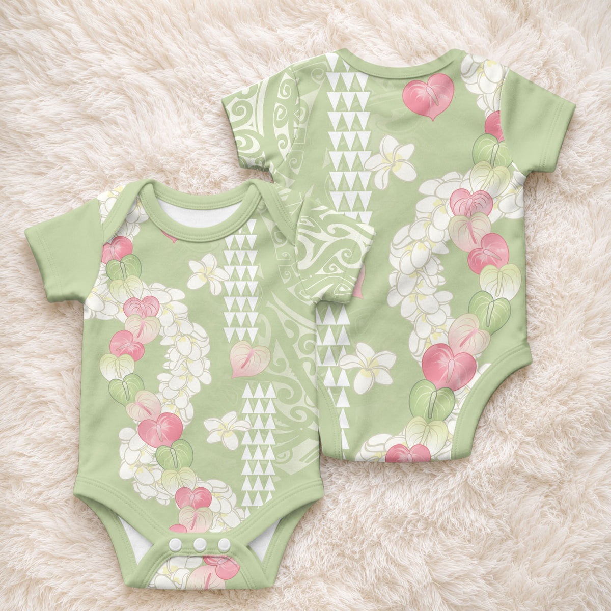 Leaf Green Hawaii Anthurium Plumeria Lei Baby Onesie LT9 - Polynesian Pride