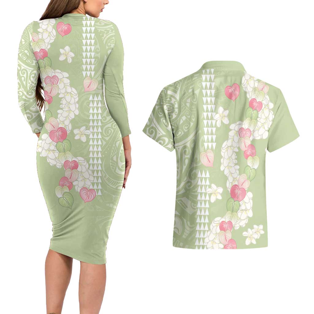 Leaf Green Hawaii Anthurium Plumeria Lei Couples Matching Long Sleeve Bodycon Dress and Hawaiian Shirt