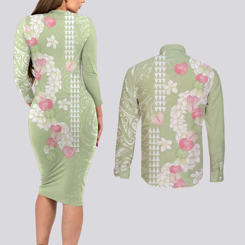 Leaf Green Hawaii Anthurium Plumeria Lei Couples Matching Long Sleeve Bodycon Dress and Long Sleeve Button Shirt
