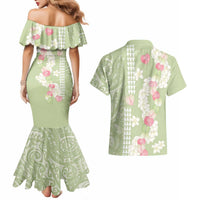 Leaf Green Hawaii Anthurium Plumeria Lei Couples Matching Mermaid Dress and Hawaiian Shirt