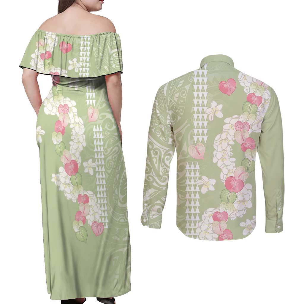 Leaf Green Hawaii Anthurium Plumeria Lei Couples Matching Off Shoulder Maxi Dress and Long Sleeve Button Shirt