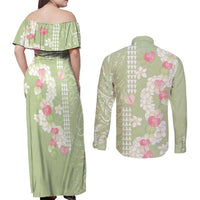 Leaf Green Hawaii Anthurium Plumeria Lei Couples Matching Off Shoulder Maxi Dress and Long Sleeve Button Shirt