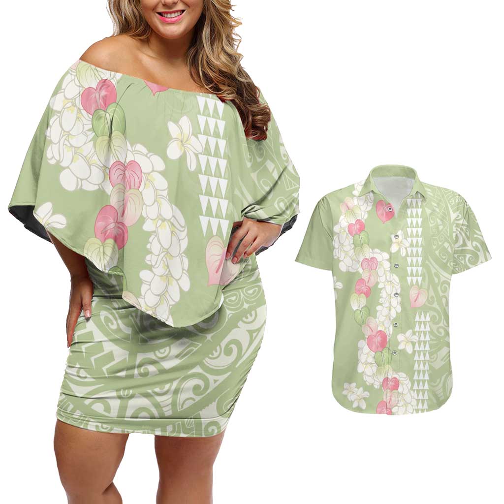 Leaf Green Hawaii Anthurium Plumeria Lei Couples Matching Off Shoulder Short Dress and Hawaiian Shirt