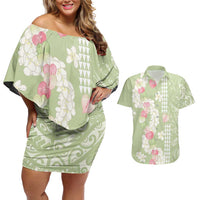 Leaf Green Hawaii Anthurium Plumeria Lei Couples Matching Off Shoulder Short Dress and Hawaiian Shirt