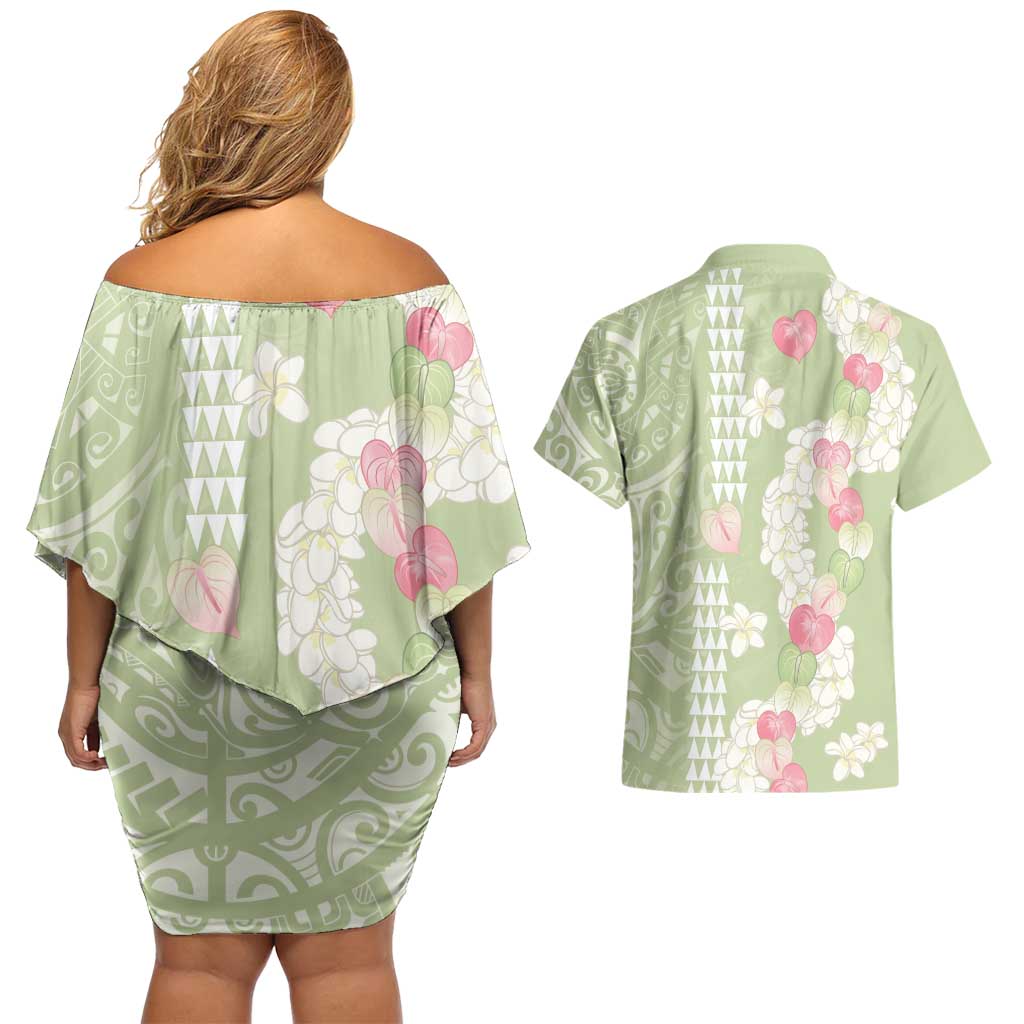 Leaf Green Hawaii Anthurium Plumeria Lei Couples Matching Off Shoulder Short Dress and Hawaiian Shirt