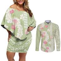 Leaf Green Hawaii Anthurium Plumeria Lei Couples Matching Off Shoulder Short Dress and Long Sleeve Button Shirt